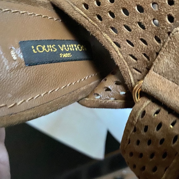 Louis Vuitton brown suede open toe perforated ankle stra boots heels booties 7.5 - Picture 6 of 10